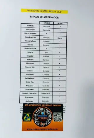 Portátil Acer i3 8GB RAM 250GB SSD 15,6