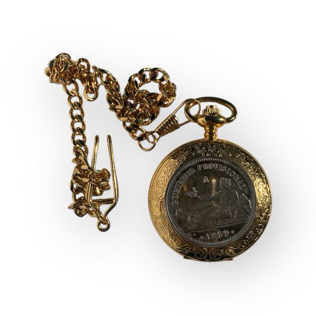 Orologio da tasca dorato con moneta in argento