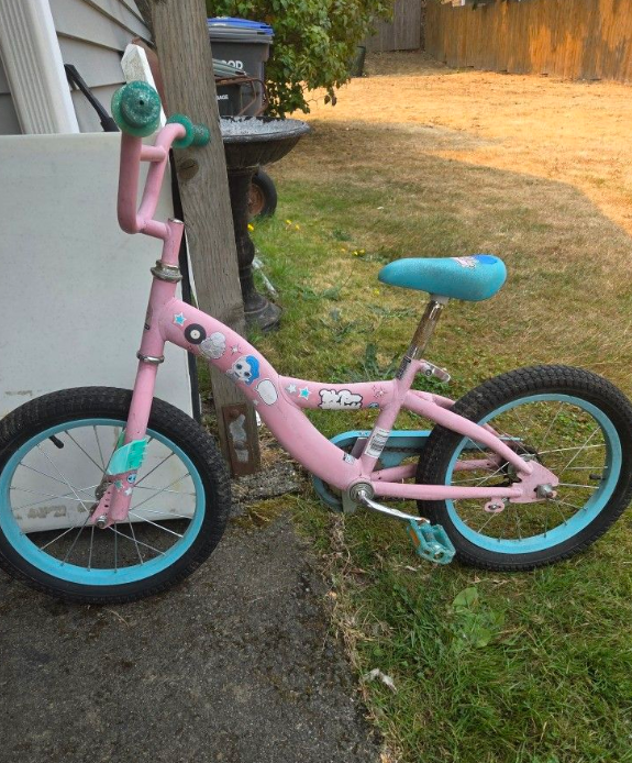 Bicicleta infantil rosa con ruedas azules