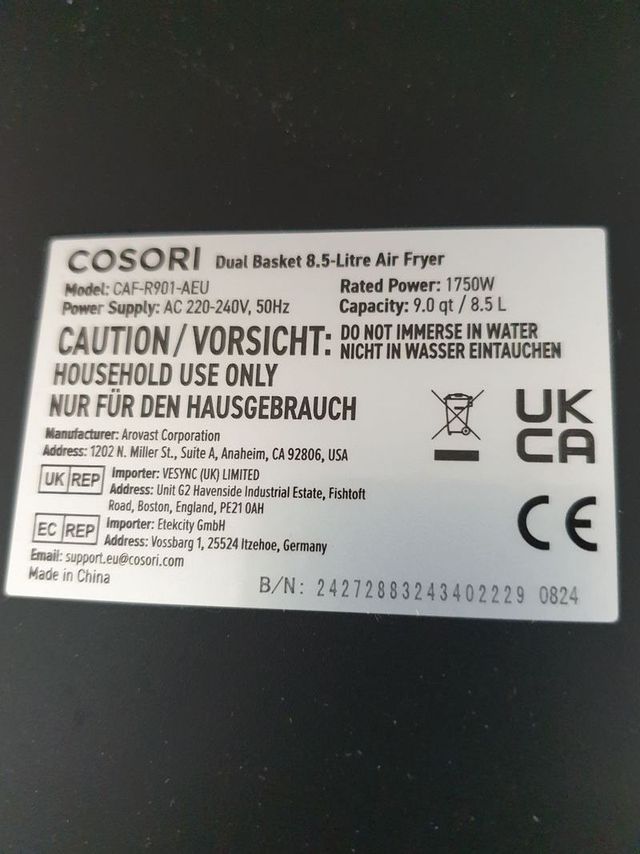 Fritadeira de Ar Cosori com Cesta Dupla 8,5L