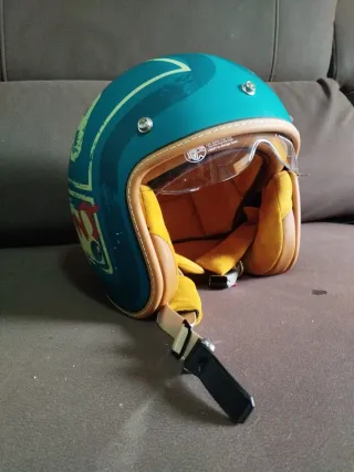 Casco Moto Retro Azul y Amarillo Tamaño M