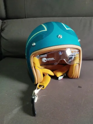 Casco Moto Retro Azul y Amarillo Tamaño M