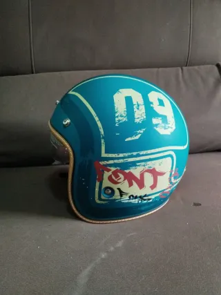 Casco Moto Retro Azul y Amarillo Tamaño M
