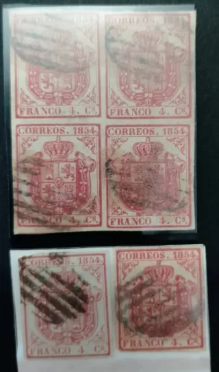 Sellos Correos 1854 Franco 4 Cs bloque de 4 y 2