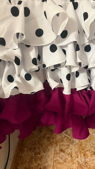 Vestido Flamenca Lunares Blanco y Fucsia