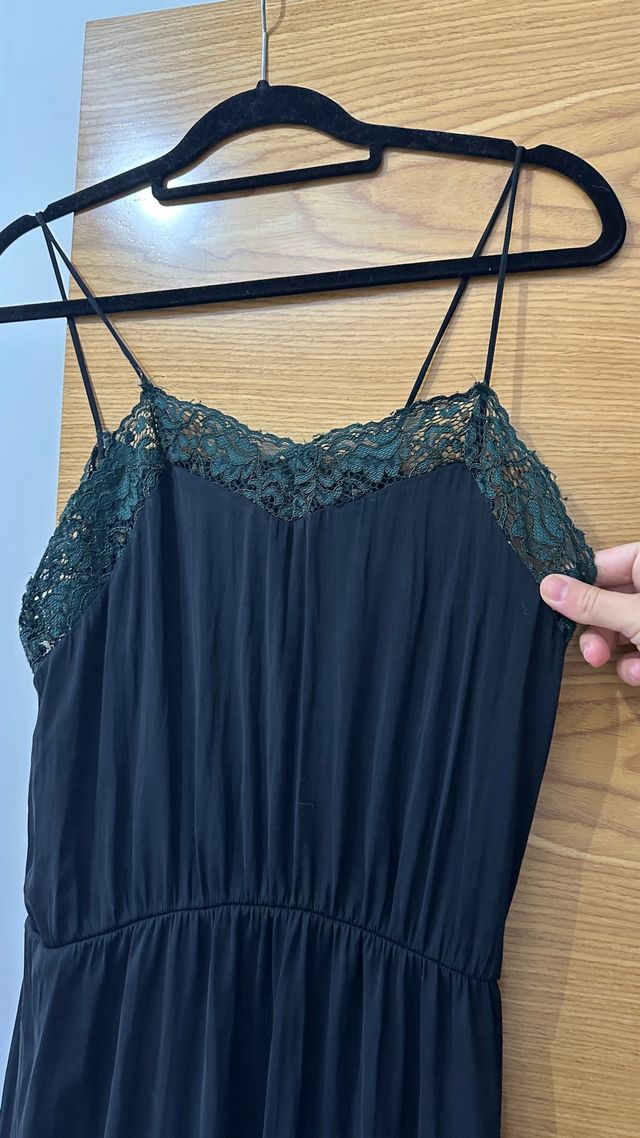 Vestido lencero Mango negro encaje verde T.L