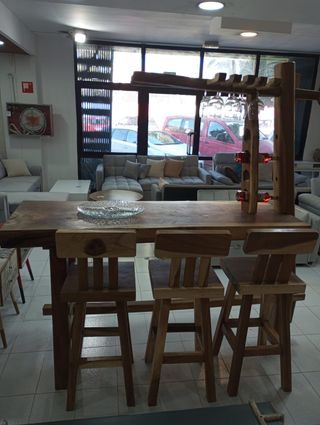 Barra de bar madera maciza + 3 sillas