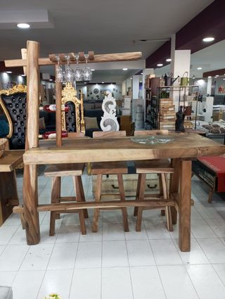 Barra de bar madera maciza + 3 sillas