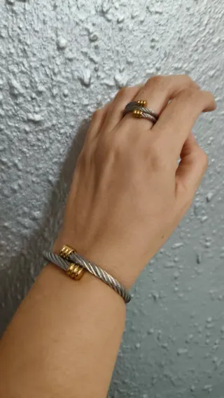 Conjunto Pulsera y Anillo Cable enrollado acero