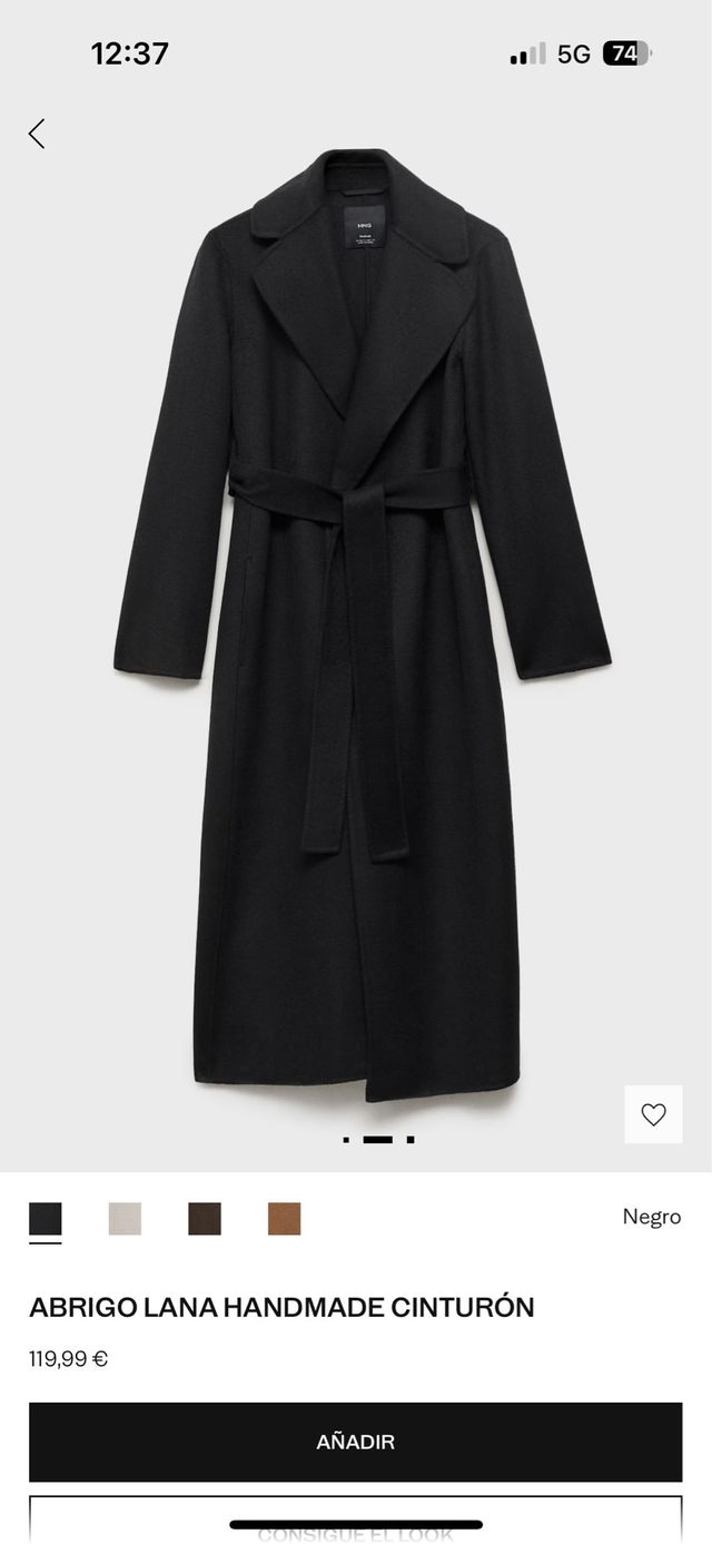 Abrigo Mango Lana Negro Cinturón