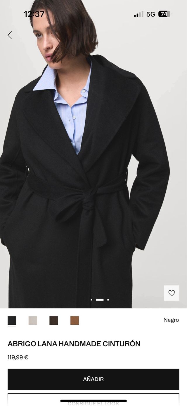 Abrigo Mango Lana Negro Cinturón