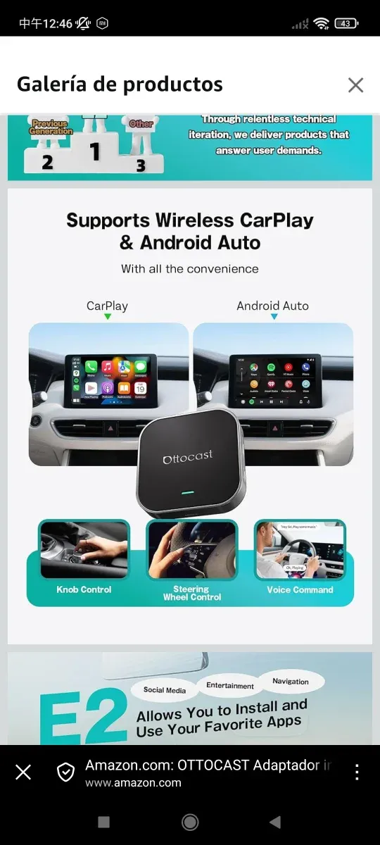 OTTOCAST CarPlay y Android Auto Adaptador