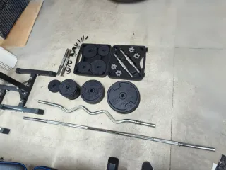 Banco de pesas, soporte y discos