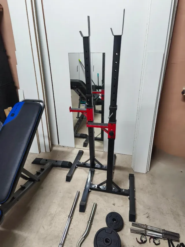 Banco de pesas, soporte y discos