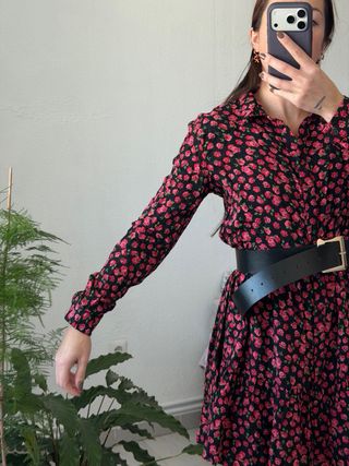 Vestido floral manga larga negro y rojo