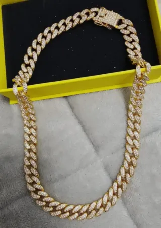 Cadena Cubana Hombre Bañada Oro Brillantes