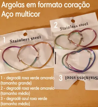 Argolas Coração Aço Inox Multicolorido - unidade