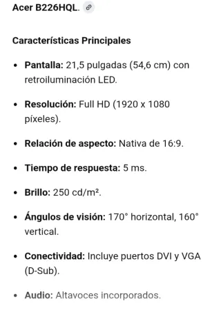 Pantalla Acer B226HQL Full HD 22 pulgadas Negra