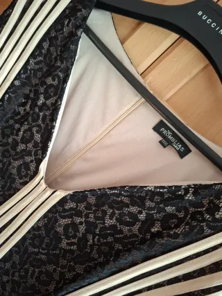 Vestido fiesta negro y beige