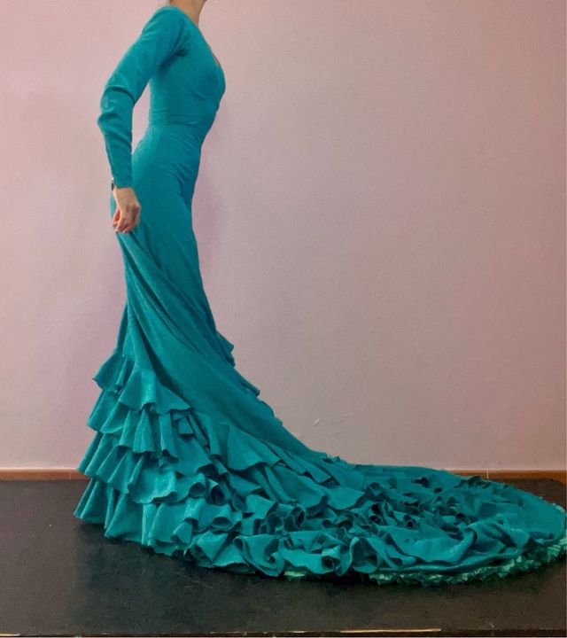 Bata de Cola Baile Flamenco Turquesa