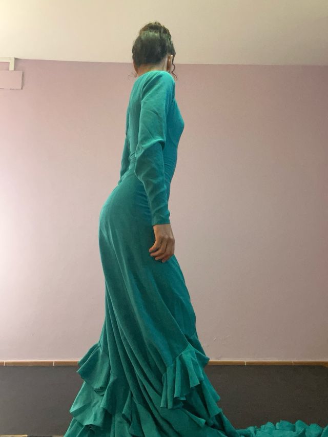 Bata de Cola Baile Flamenco Turquesa