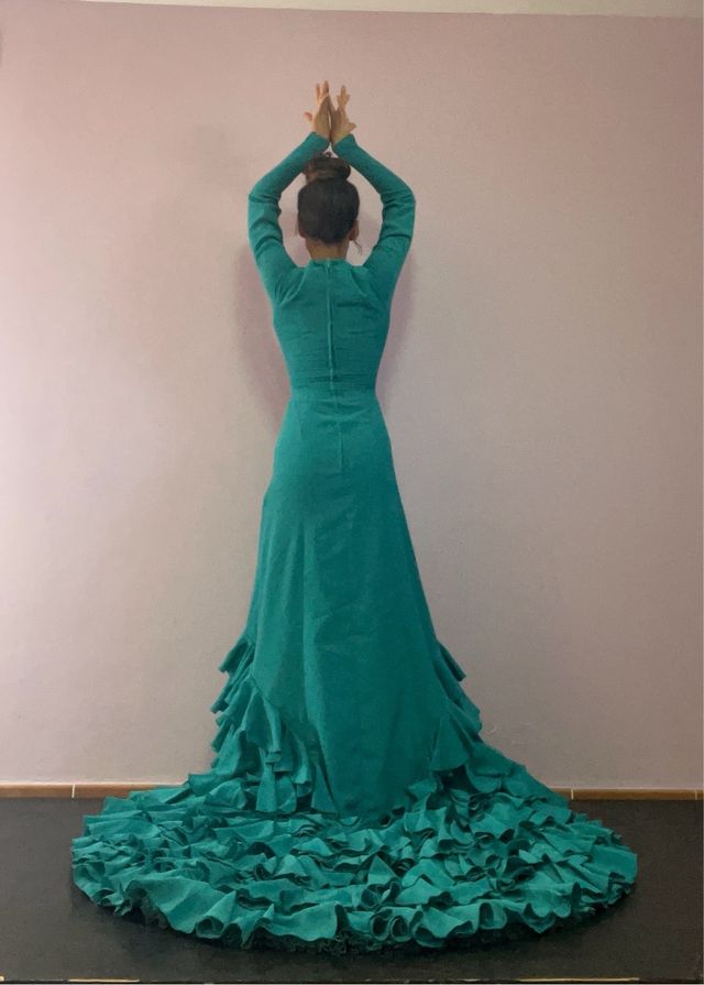 Bata de Cola Baile Flamenco Turquesa