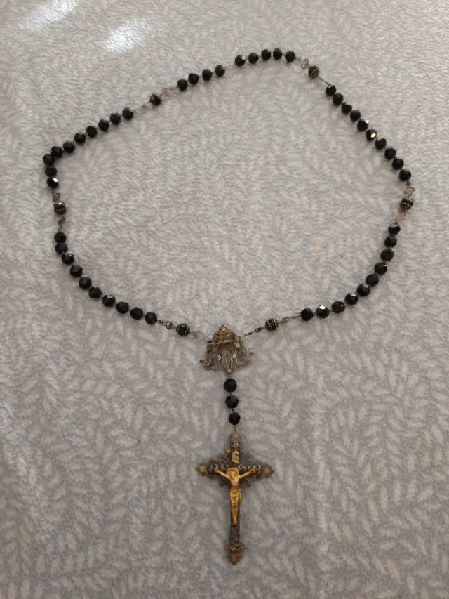 Antico e grande Rosario in argento filigrana e ebano