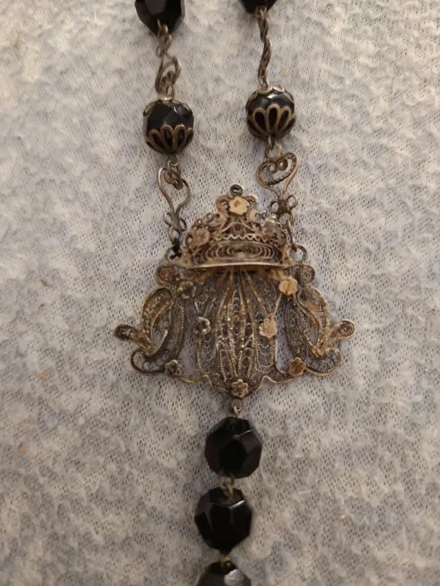 Antico e grande Rosario in argento filigrana e ebano