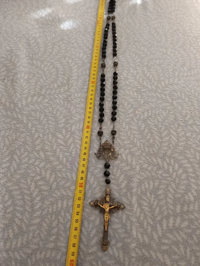 Antico e grande Rosario in argento filigrana e ebano