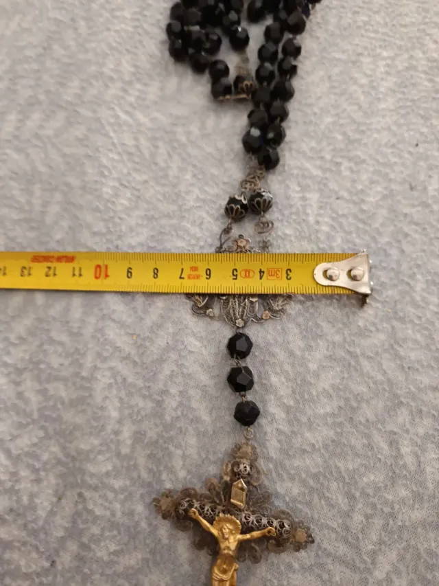 Antico e grande Rosario in argento filigrana e ebano