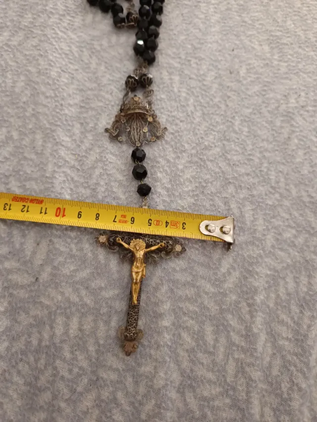 Antico e grande Rosario in argento filigrana e ebano