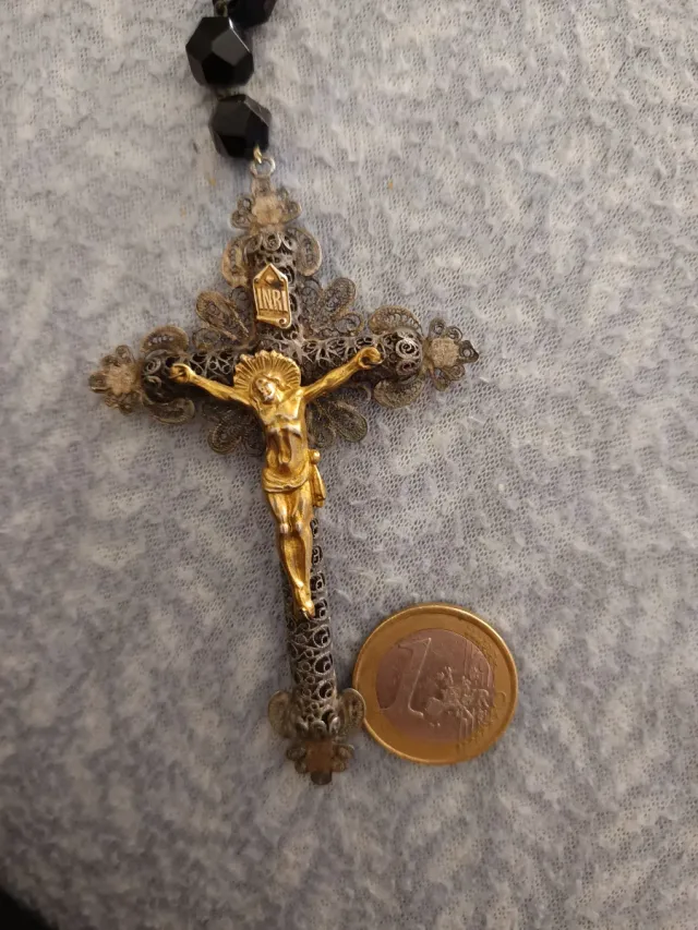 Antico e grande Rosario in argento filigrana e ebano