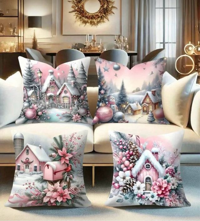4 Fundas de cojines  Navideño Rosa