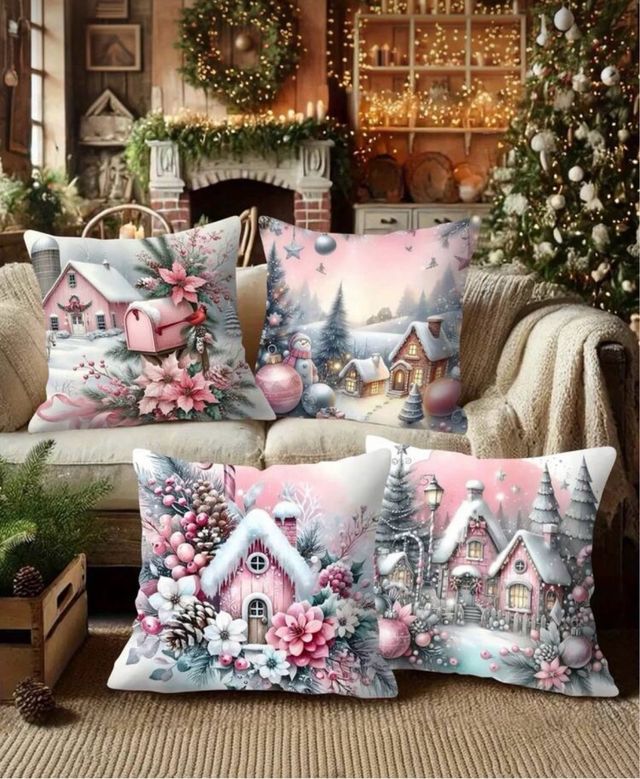 4 Fundas de cojines  Navideño Rosa
