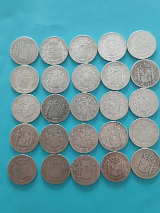25 Monedas de Plata Españolas 2 Pesetas.