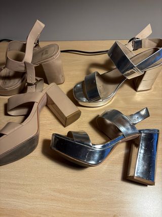 2 pares de Sandalias Plataforma Beige y Plateadas