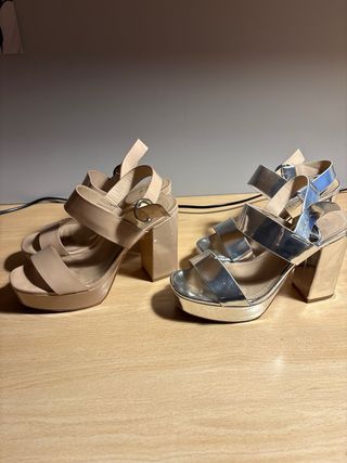 2 pares de Sandalias Plataforma Beige y Plateadas