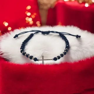Pulsera Cruz Oro 14k Cuentas Negras