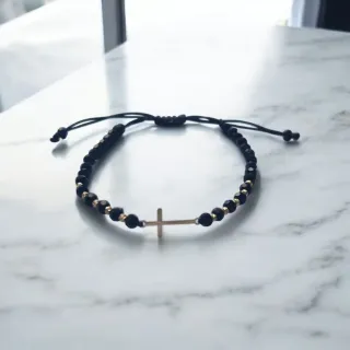 Pulsera Cruz Oro 14k Cuentas Negras