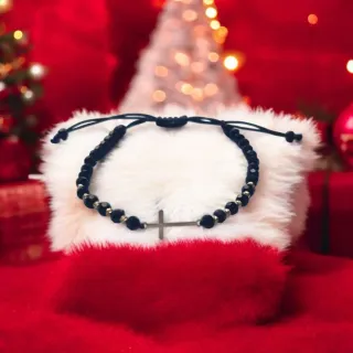 Pulsera Cruz Oro 14k Cuentas Negras
