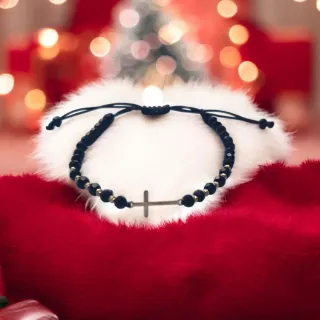 Pulsera Cruz Oro 14k Cuentas Negras
