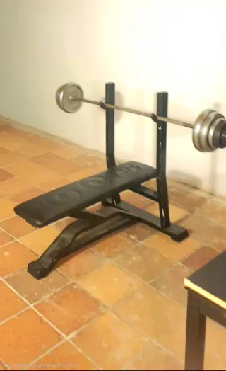 Banco de pesas con discos y barras