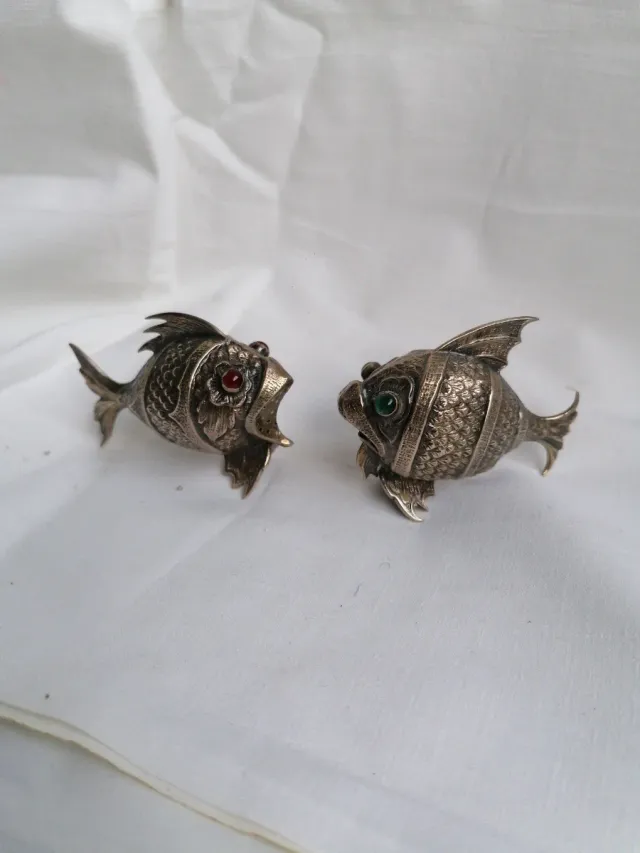 Pareja saleros pimenteros peces alpaca vintage