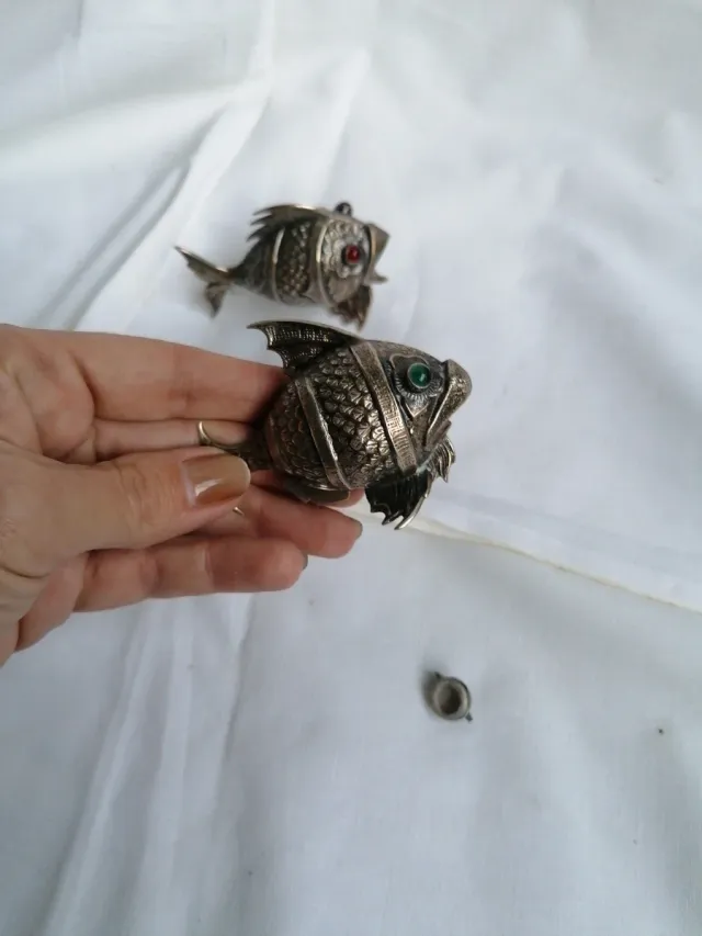 Pareja saleros pimenteros peces alpaca vintage