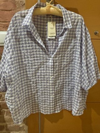 Blusa Mango Cuadros Vichy Morado Blanco