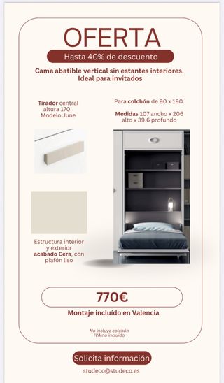 Cama abatible vertical para colchón de 90x190 cm