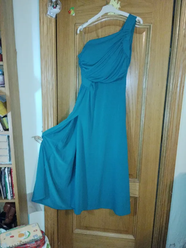 Vestido fiesta largo un hombro verde azulado