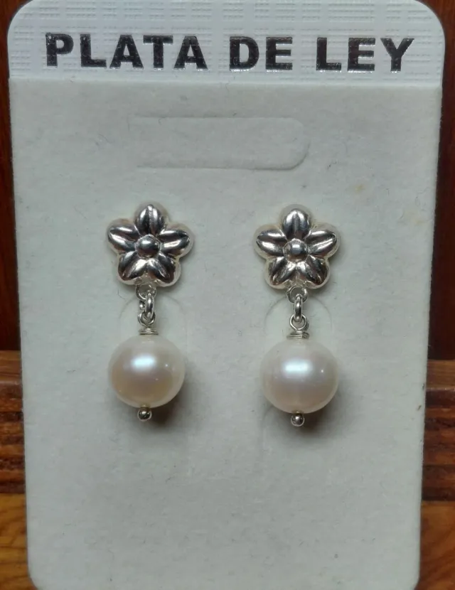 Pendientes Plata Ley Perlas Naturales Flor