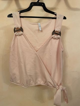 Camiseta tirantes madera y lazada rosa Talla S