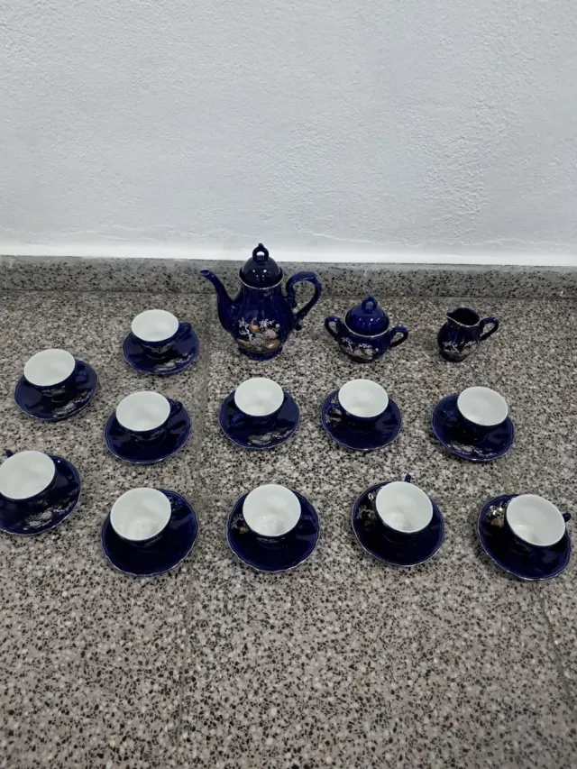 Juego Tazas Café Porcelana Azul y Blanco